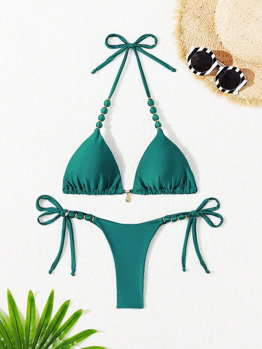 Biquíni Amarrável Com Pingente de Concha e Detalhes Dourados