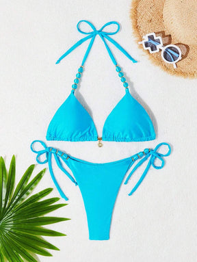 Biquíni Amarrável Com Pingente de Concha e Detalhes Dourados