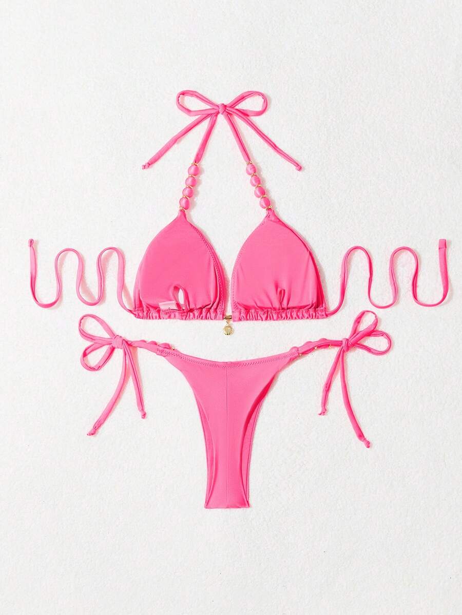 Biquíni Amarrável Com Pingente de Concha e Detalhes Dourados