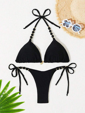 Biquíni Amarrável Com Pingente de Concha e Detalhes Dourados