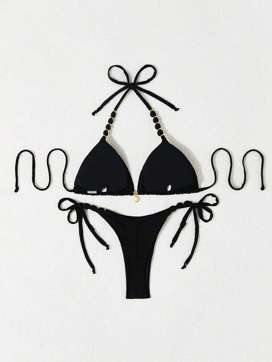 Biquíni Amarrável Com Pingente de Concha e Detalhes Dourados