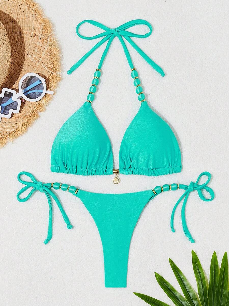 Biquíni Amarrável Com Pingente de Concha e Detalhes Dourados