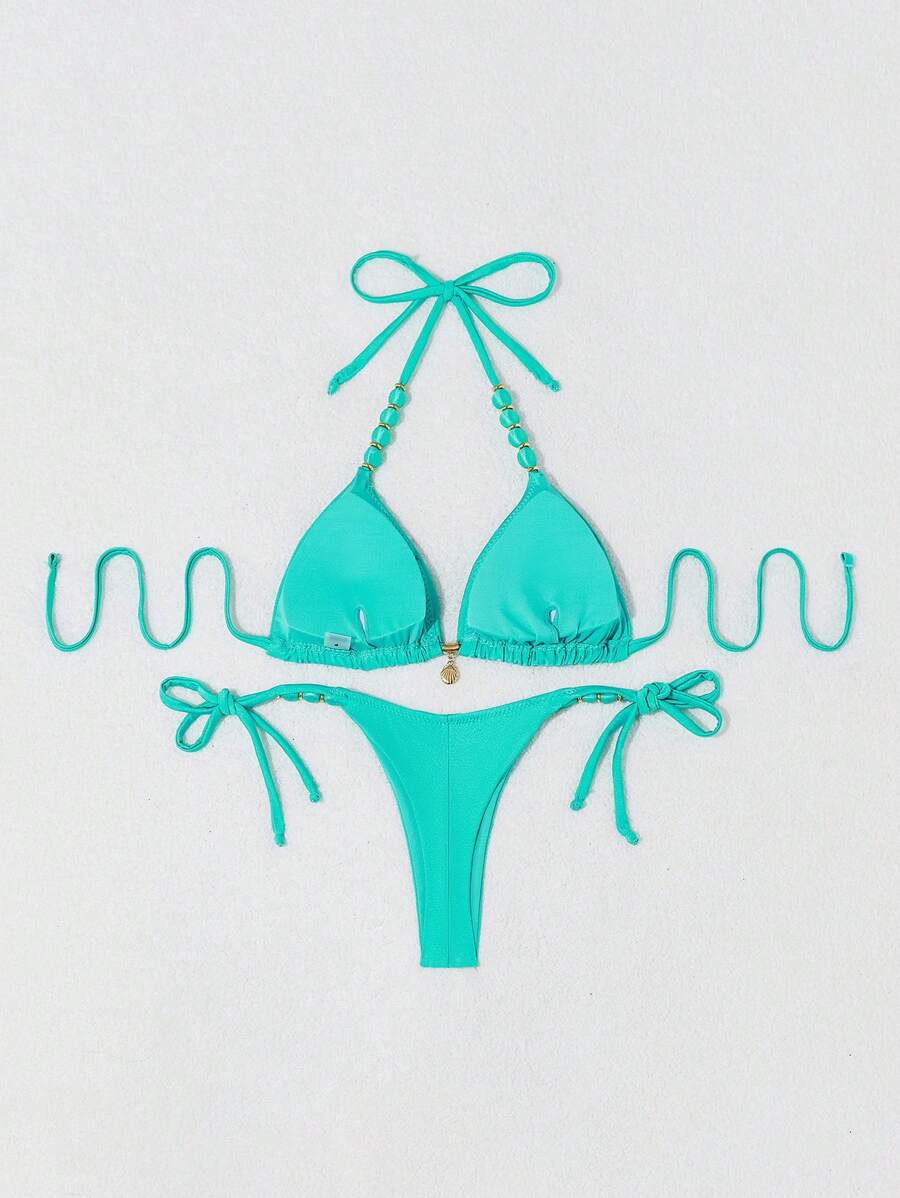 Biquíni Amarrável Com Pingente de Concha e Detalhes Dourados