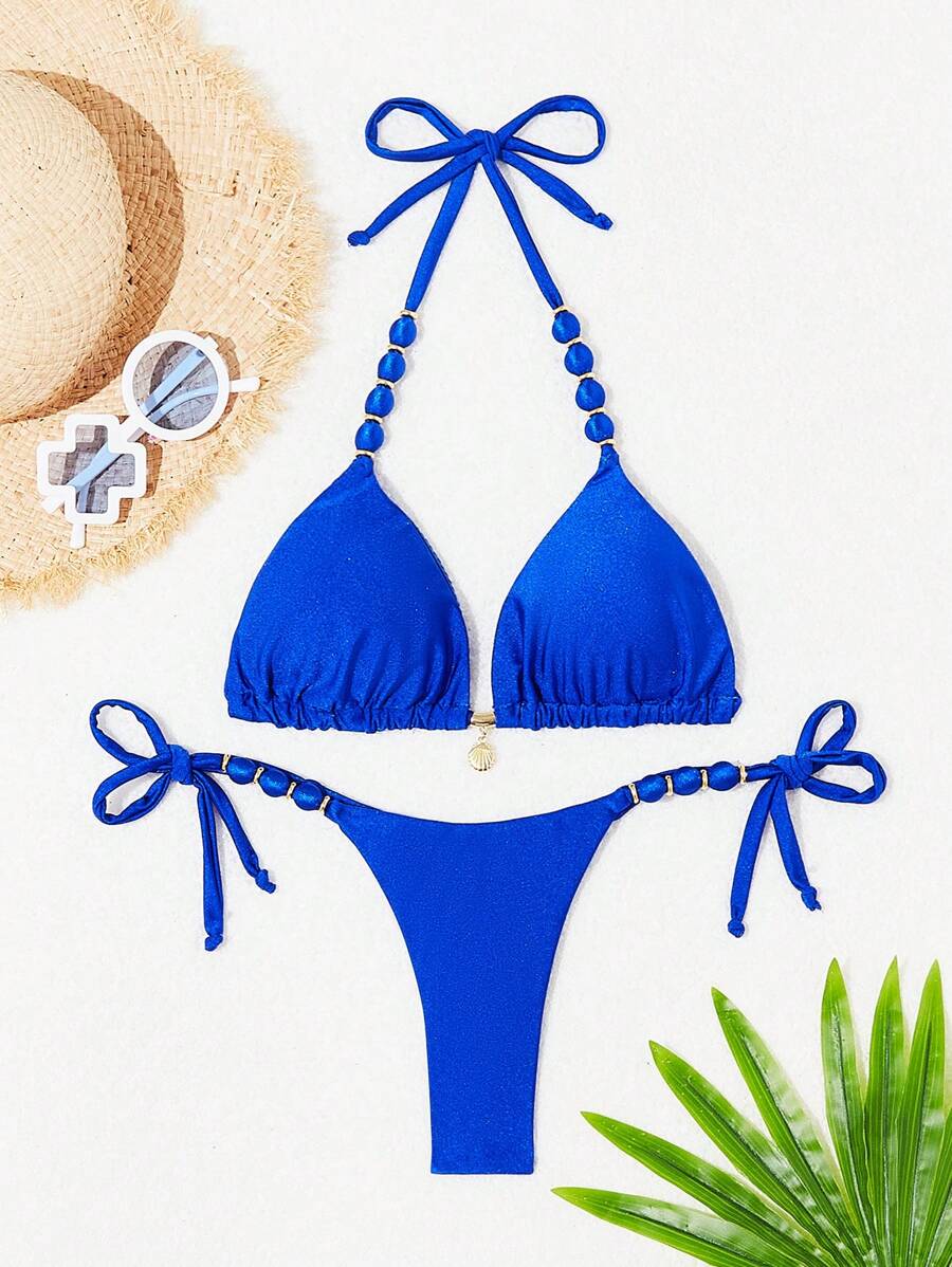 Biquíni Amarrável Com Pingente de Concha e Detalhes Dourados