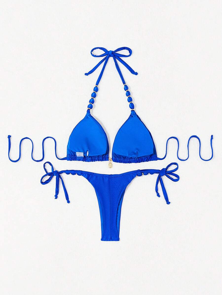 Biquíni Amarrável Com Pingente de Concha e Detalhes Dourados